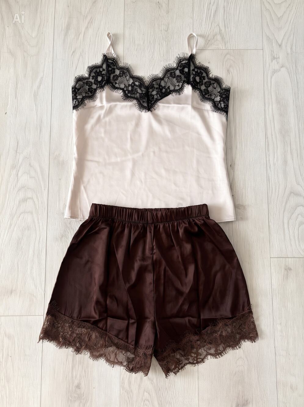Beige Chocolate Brown Satin Lace Cami Shorts 2 piece Set Loungewear Sz Small